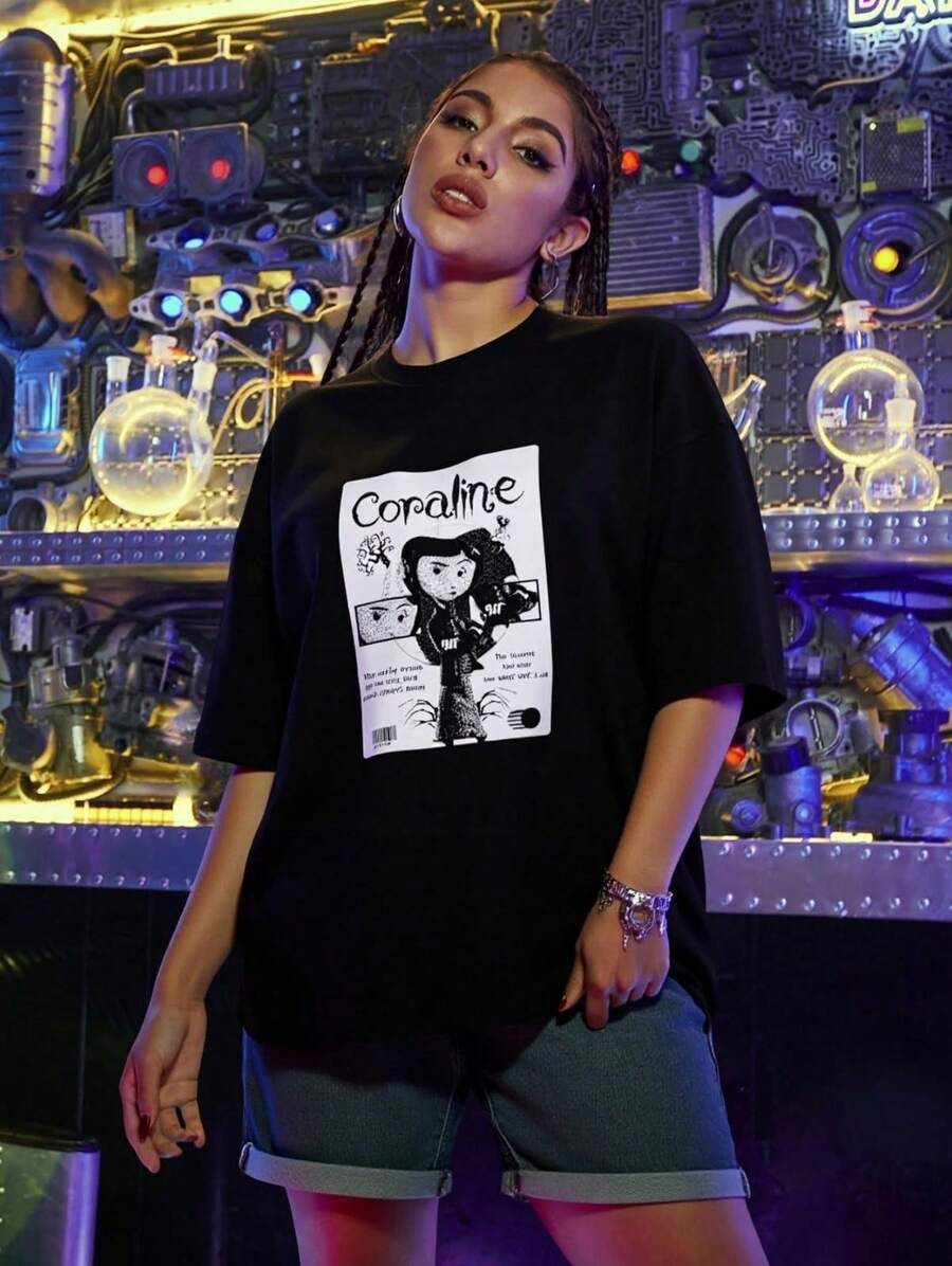 Blusa casual de estilo callejero de moda con cuello redondo, manga corta y estampado de dibujos animados - Negro - Ver 1