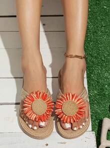 Chanclas de mujer de estilo moda con cuerda de paja, sandalias de playa bohemias cómodas de verano con girasol trenzado, suela blanda EVA, tipo chanclas para uso casual y en casa en vacaciones