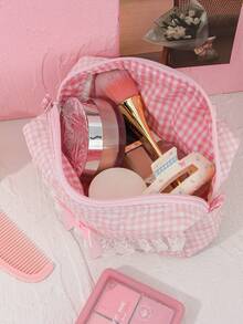 1 件粉色和蓝色条纹/熊/花朵/蝴蝶结甜心蕾丝绗缝化妆收纳包高颜值甜美清新 Ins 风格学生女生手提包旅行收纳包洗漱包大容量学生通用笔袋可存放化妆品、护肤品、笔、手机、零钱、钥匙、珠宝等生日礼物、返校礼物、周年纪念礼物度假旅行必需品暑假学校用品包女士旅行包化妆包 - 彩色 - 查看 6