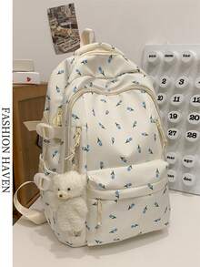 时尚印花玫瑰女士背包，带多个隔层和口袋，加厚学生背包，防水背包，可佩戴泰迪熊挂件配饰，容量大