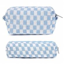 Checkered Makeup Bag Preppy Cosmetic Bag Bulk Blue Makeup Pouch Travel Toiletry Bag Organizer Cute Makeup Brushes Storage Bag Women Fashion - 藍色 - 查看 10