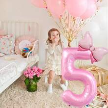 40 Inch Number 0-9 Balloon With Bow Pink Happy Birthday Jumbo Number Balloon For Daughter Birthday Decorations Party Supplies - Multicolor - View 2