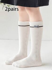 2双公主风荷叶边蝴蝶结装饰图案女童过膝袜 - 白色 - 查看 16