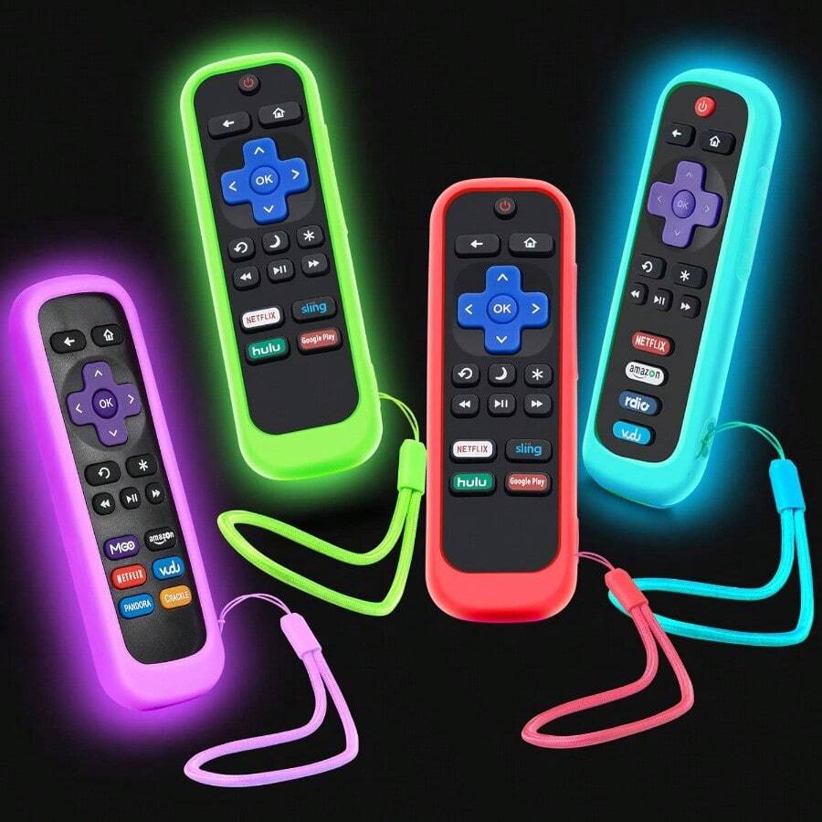 4Pack Case For Roku Remote Cover For Hisense  Roku TV Steaming Stick Express Universal Replacement Controller Silicone Sleeve Skin Glow In The Dark Green Sky Purple Red1f2d - XanhBầu trờiTímĐỏ - Xem 1