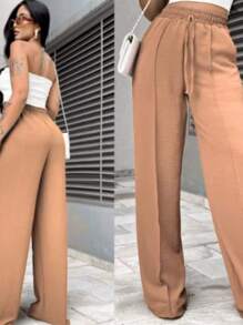 Calça Feminina Estilo Pantalona Wide Leg em Lanzinha com Bolsos Funcionais e Elástico Cintura - Moda Inverno