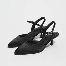 女士尖头高跟鞋，2025 新款夏季丝绸黑色系带浅口鞋，适合礼服、工作、派对、休闲、户外，特大码 42，优雅别致的 PU 皮革荷叶边扣带尖头高跟拖鞋，适合春夏秋季假期、婚礼、派对、办公室