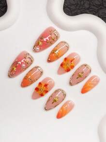 Spring/Summer Almond-Shaped Handcraft False Nails, Y2K Baddie Style, Available In Nude, Orange, Pink, Coral Colors. Handmade With Floral Carving, Asymmetrical Metallic Liquid, Stars, Pearls, Tie Dye Gradient Elements. Suitable For Women And Girls, Shiny Nails. 10 Pieces/Set, 3 Size Options. Perfect For Parties, Occasions, Daily Wear. Includes Tools, Great Gift For Ladies And Girls.