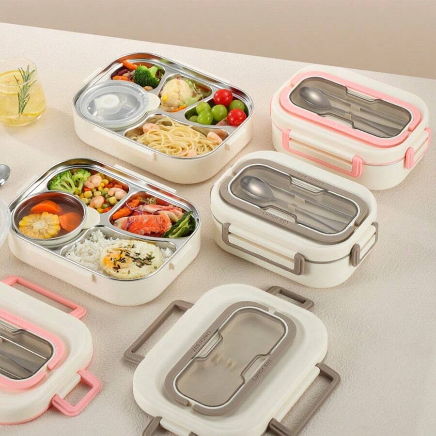 1pc 304 Stainless Steel Bento Lunch Box, Microwave Friendly, Leak-Proof, Thermal, Meal Prep Container With Dividers And Utensils, Portable Work Lunch Box, Food Storage,School Supplies - 304 Stainless Steel Compartment Lunch Box (with Cutlery) - View 1