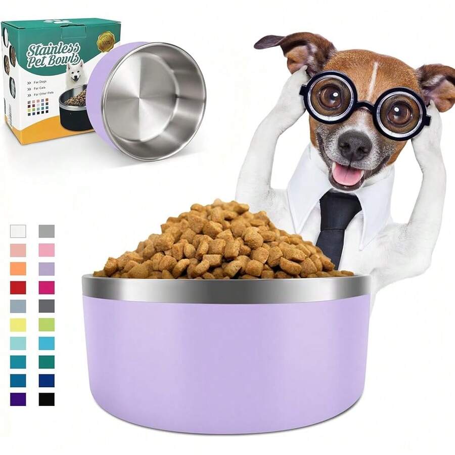 New-15 Dog Bowl For Food And Water, 40 Oz Stainls Steel Pet Feeding Bowl, Non-Skid Insulated Heavy Duty Rubber Bottom For Medium Lar Dogs (40 Ounc/5 C, Light Purple) - 淺紫色 40 盎司 - 查看 1