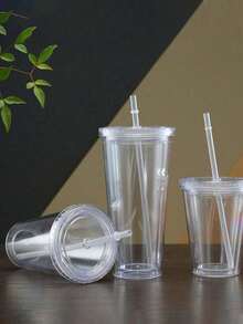 1pc Double Wall Clear Plastic Straw Cup, Insulated Milk Tea Cup - Clear - View 6