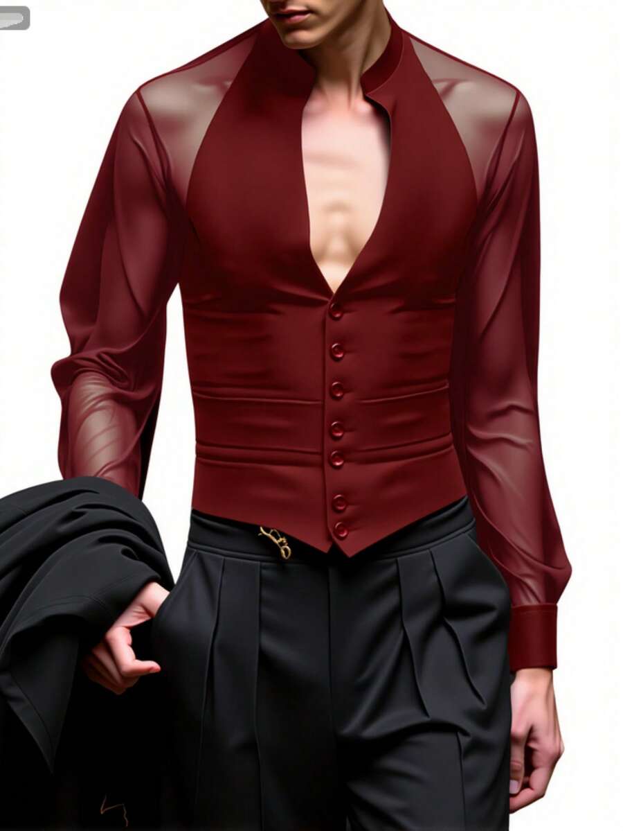 INCERUN Fashion Men Deep V-Neck Buttons Long Sleeve Mesh Sheer Patchwork Casual Tops Party Club Shirt Blouse - 紅色 - 查看 1