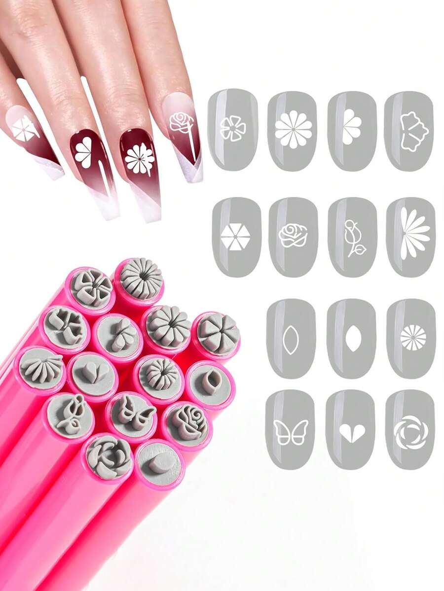 美甲印章笔、花朵美甲印章笔、美甲笔、美甲印章板、美甲印章、美甲涂鸦笔、花卉绘画、美甲刷、印章笔、美甲工具、各种图案的印章和点画工具、美甲DIY、女士无酒精美甲印章 - 彩色 - 查看 1