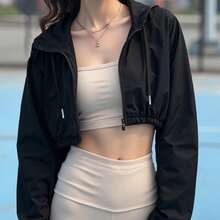 女士轻薄连帽防风夹克，薄款户外休闲短款外套，秋冬黑色春季款 - 黑色 - 查看 2