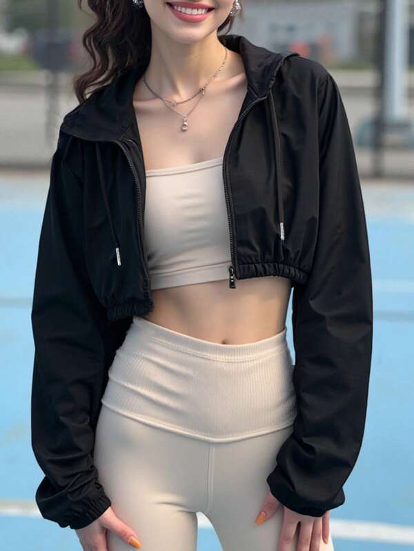 Women's Lightweight Hooded Windbreaker Jacket, Black Short Sporty Thin Cardigan For Outdoor Casual Wear, Autumn/Winter
