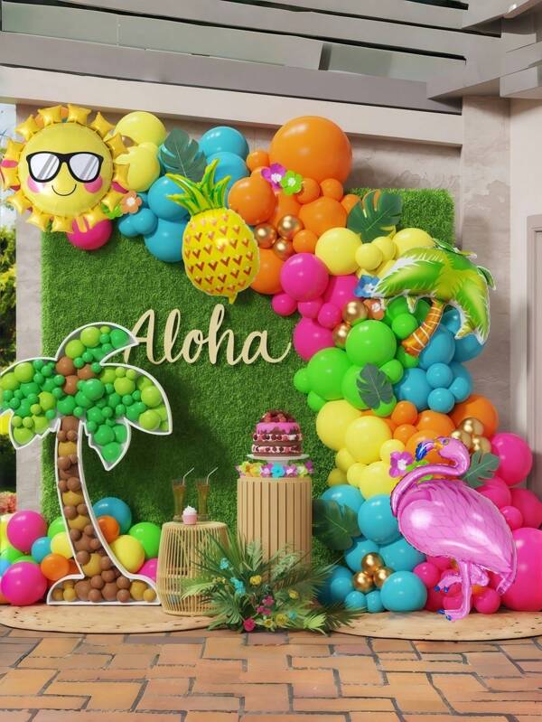 138 piezas Decoraciones de fiesta hawaiana tropical, kit de arco de guirnalda de globos Luau en rosa intenso, naranja y amarillo con globos con piña, flamenco para fiestas de verano en la playa, piscina, cumpleaños o fiestas con coco