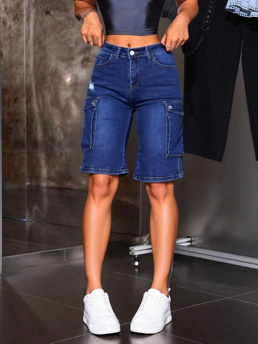 Bermudas vaqueras cargo para mujer de color azul, estilo casual y práctico, ideal para looks urbanos - profundo - Ver 1