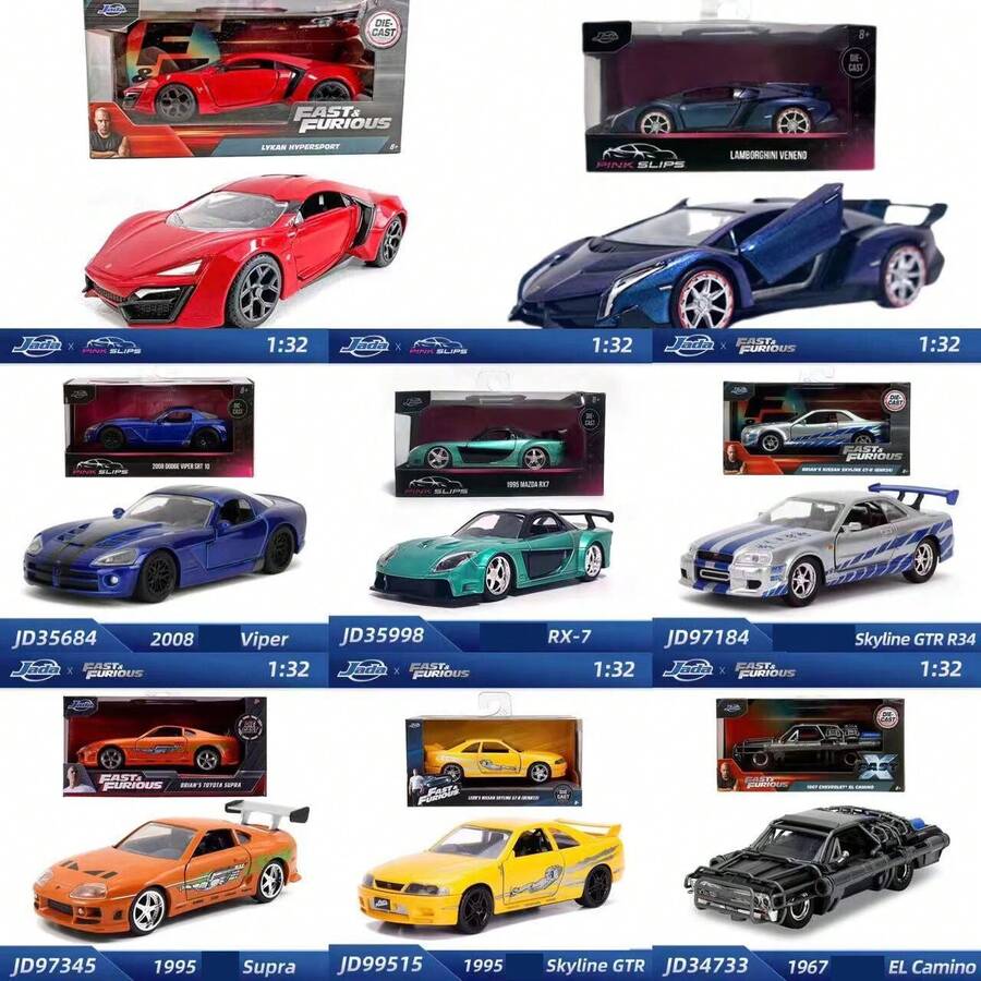 Jada 1:32 比例 Bran 的 2002 年日产 Skyine R34 压铸汽车、2008 年道奇蝰蛇、2024 年野马、Veneno、2009 年日产 GT-R、2020 年角斗士、1995 年日产 Skyline GTR、Lecon 超级跑车、儿童和成人玩具车，1 件