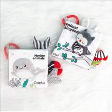 1pc Black & White & Grey Sea Animals Printed Fabric Book, Sponge Filling Soft Touch Baby Book, Suitable For Ages 0-6 Months, 3d High Contrast Soft Cloth Book, Washable Infant Early Educational Book