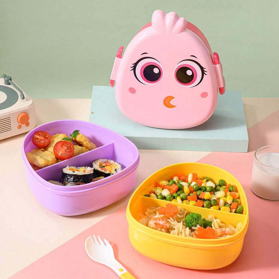 2 件学生卡通午餐盒带勺，塑料便携式卡通小鸟午餐盒食物微波炉储存容器带易开盖，用于备餐，学校用品 - 彩色 - 查看 1