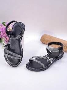 Rhinestone Bow Decor Girls Sandals, Black Minimalist Style With Elastic Strap, Fashionable Princess Shoes