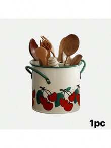 Vintage Floral Cast Iron Utensil Holder With 4 Compartments – Spoon, Fork, And Chopstick Rest, Cherry Pattern Drain Basket Organizer For Kitchen, Kitchen Utensils