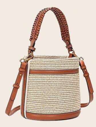 波西米亚风草编迷你桶包 - 女士设计师风格可转换托特包，适合海滩通勤，可翻转单肩包，带拼布细节（夏季新品）