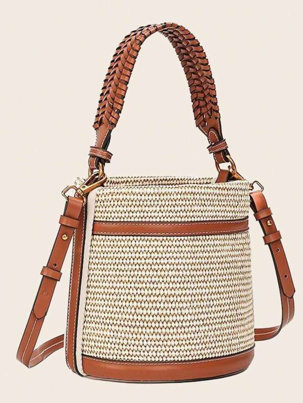 Boho Straw Mini Barrel Bag - Women's Designer-Inspired Convertible Tote For Beach Commute, Reversible Shoulder Purse With Patchwork Detail (New Summer Release)