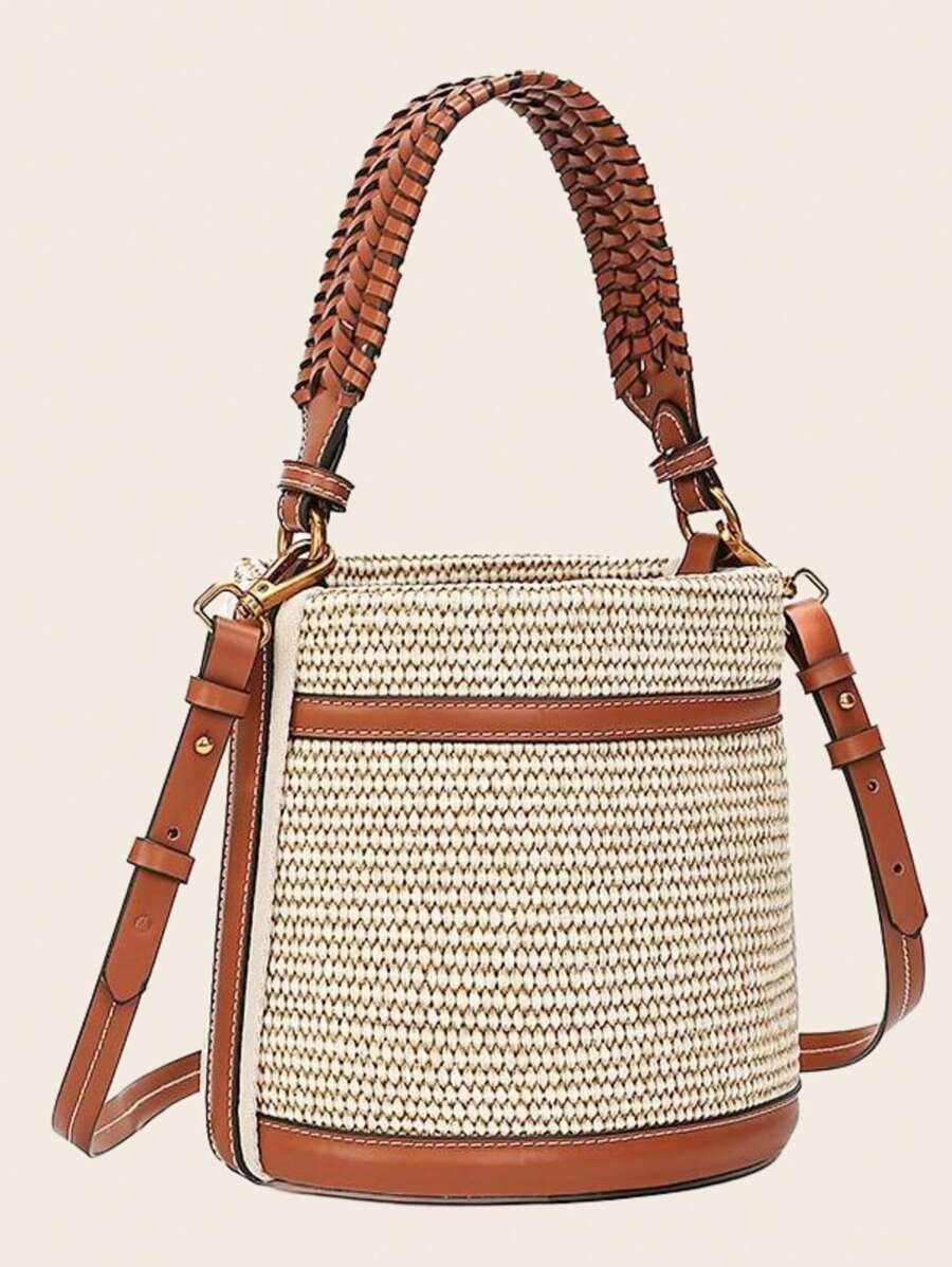 Bolso de paja estilo bohemio tipo barril pequeño - Bolso convertible tipo tote inspirado en diseñadores para playa o commute, bolso de hombro reversible con detalles de patchwork (nuevo lanzamiento de verano)