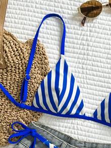 性感波西米亚风条纹比基尼套装，欧美风基础沙滩装，时尚夏季女士泳装，适合海滩、派对、度假 - 藍白色 - 查看 7