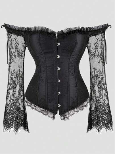 1 Peça Top Bustier com Ombros à Mostra e Renda Floral para Mulheres, Manga Longa Transparente de Renda, Espartilho Cinturador, Modelador Gótico para Festa e Halloween, Adequado para Dia dos Namorados, Festivais de Música, Casamentos, Viagens e Férias
