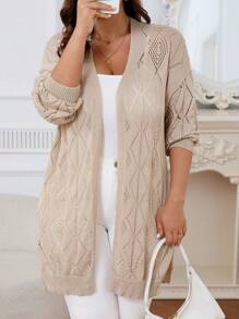 Casual Long Sleeve Solid Pointelle Knitted Cardigan - Button Front - Women's Clothing