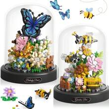 Bouquet immortel fait main Blocs de construction papillon/abeille - Jouet DIY créatif à assembler pour la décoration de la maison et du bureau, cadeaux de Noël et d'Halloween (Certaines pièces sont envoyées de manière aléatoire)