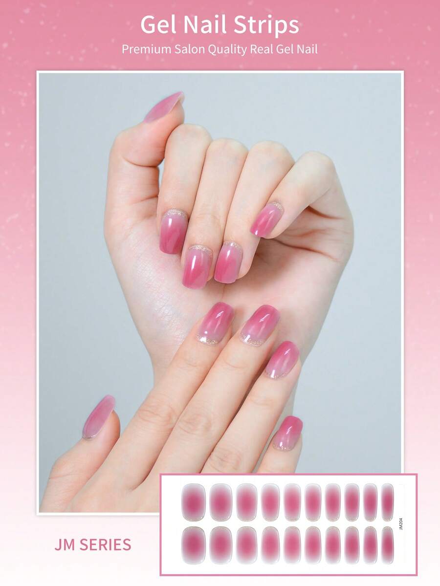 20 片半固化指甲油贴纸，凝胶疗法指甲贴纸，UV 凝胶指甲贴纸，软凝胶指甲贴纸需要灯固化，法式美甲设计，带金色亮片，持久耐用，易于粘贴和去除