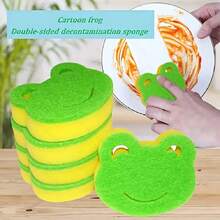 5/3/1 Pcs Frog Shaped High Quality Wheat Straw Cleaning Sponge - Double-Sided, Multi-Purpose Kitchen And Bathroom Scouring Pads - Heavy Duty Dish Washing And Furniture Cleaning Sponge, Green And Yellow, Kitchen Cleaning Accessory | Double-Sided Sponge | Wheat Straw Material - Multicolor - View 5
