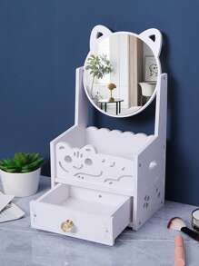 1 Stück Kosmetikspiegel mit Schubladen, zweistöckige Aufbewahrungsbox, staubdichter Make-up Organizer Regal, Tischspiegel mit Fächern