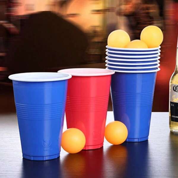 12pcs (6 Red Cups + 6 Blue Cups) + 12 Yellow Balls Couples Set, Material Design, Beer Pong Cups Game Cups For Drinking, Party, Bar, Music Festival, Couples Gathering, Party Entertainment Toy