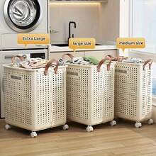 Large & Medium Foldable Ceramic White Laundry Baskets - Pu Leather, Hand Washable, Solid Color, Multi-Functional Portable Dirty Clothes Hamper With Wheels For Bathroom & Balcony Storage - 白色 - 查看 6