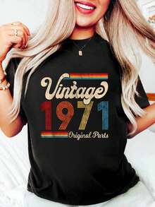 100% Cotton 1971 Vintage 1971 Birthday Gift Men Women Born Made 1971 T-Shirt Women's Men's Oversized Comfort Soft Crew Neck Tee Tops - 黑色 - 查看 1