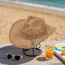 Women Men Summer Straw Hat Hollow-Out Bucket Hats Sun Beach Holiday Sun Cap Cowgirl Hat - 卡其色 - 查看 10