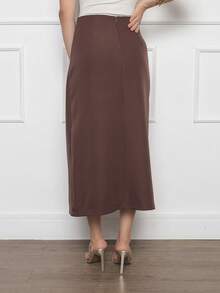 Women's Midi Skirt Side Detail Fake Zipper Pocket Back Simple Elegant Casual Zipper Pocket Button Office - Marrom - Xem 4