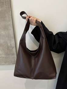 复古大容量纯色女士单肩包，多功能斜挎包，女士单肩手提包，大容量斜挎手提包，休闲工作包 - 咖啡 - 查看 4