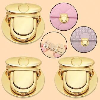 3pcs Gold Metal Snaps Lock, Fashion Clasp, Elegant Accessory, Decorated Snap Button With Luxury Design, Fastener Metal Rivet With Washer Suitable For DIY Handbag, Ladies Crafts Wallet And Tote