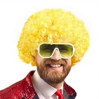 活力蓬松假发 - 彩色小丑服装假发，适合派对、粉丝和主题活动，弹性网帽，低温纤维，非常适合万圣节、角色扮演和节日聚会，节日假发卷发（随机颜色，随机款式）