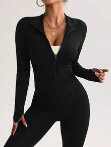 Chaqueta de yoga de manga larga, ajustada, con cremallera, minimalista y elegante, de alto nivel, para running, entrenamiento y uso diario, con elásticos, para protección solar y que da forma a la espalda y abdomen, ideal para mujeres amantes del yoga, running y la moda - Negro - Ver 5