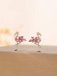 1 Pair Elegant Fashion Copper Inlaid Pink Flamingo Stud Earrings, Cute & Minimalist Animal Gift For Girls, Birthday, Date