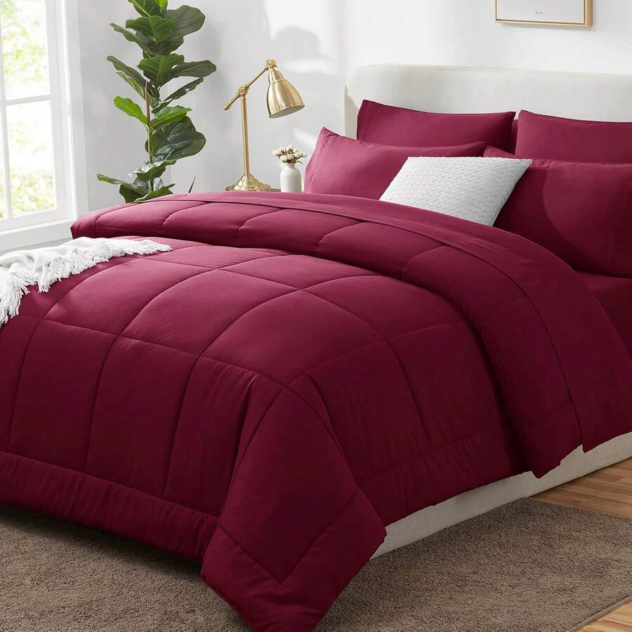 Red Comforter Set King 7 Pieces Red Bedding Set Christmas King Size Burgundy Bed In A Bag With All Season Quilted Comforter, Flat Sheet, Fitted Sheet, Pillowcases Burgundy King - 酒紅色 - 查看 1