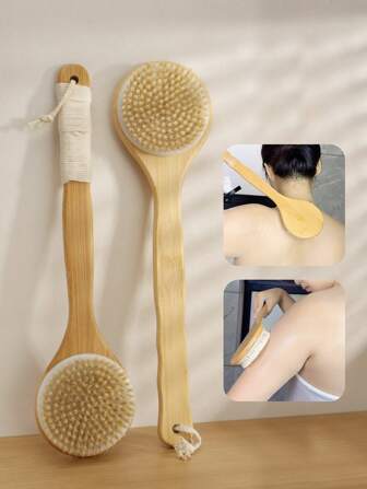 1pc Bamboo Body Brush With Long Handle, Soft Bristles For Full Body Cleansing, Shower, Bath And Back Massage