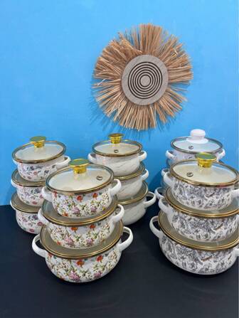 3-delige set van 12-16 inch verdikte geëmailleerde potten met bloemenprint en gouden/zilveren rand, meerkleurige geëmailleerde soeppan, koffiepot, melkkan met handgrepen en deksels, retro geëmailleerde kookset met print