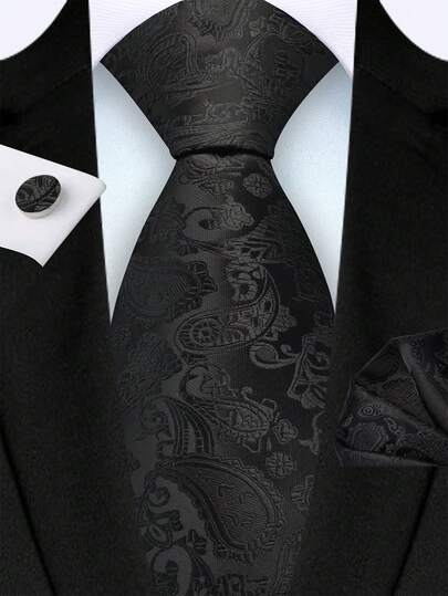 3pcs/Set Men's 3.15 Inch Wide Black Paisley Pattern Necktie, Pocket Square And Cufflinks Set, High Quality Classic Fashion Business Casual Tie Set, Men's Wedding, Home, Christmas, Party Accessories Gift