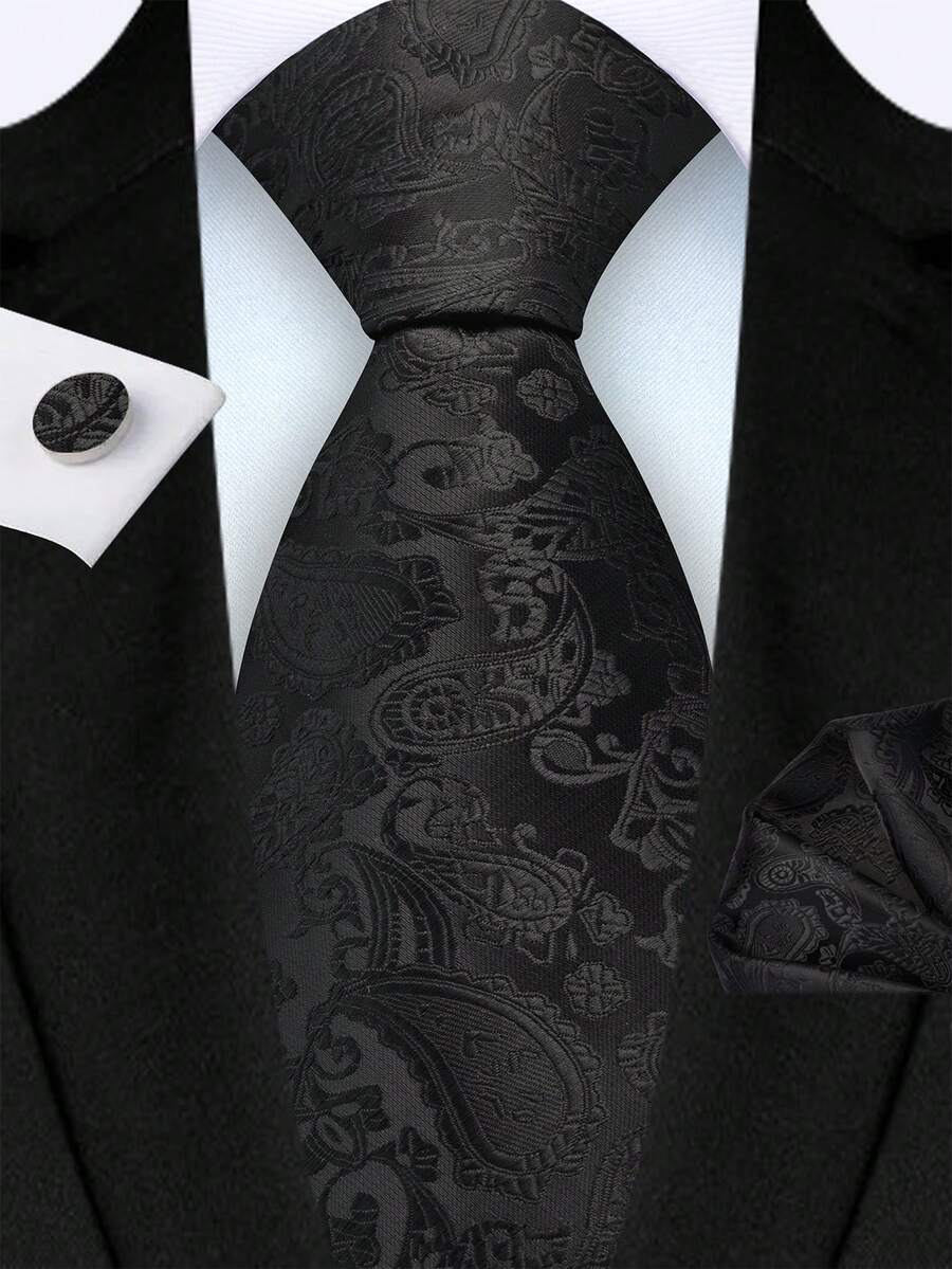 3pcs/Set Men's 3.15 Inch Wide Black Paisley Pattern Necktie, Pocket Square And Cufflinks Set, High Quality Classic Fashion Business Casual Tie Set, Men's Wedding, Home, Christmas, Party Accessories Gift